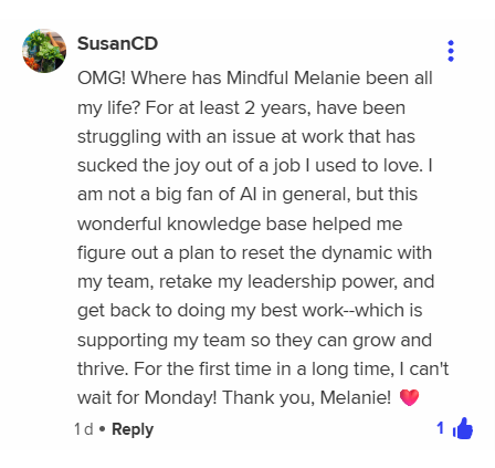 Screenshot of SusanCD sharing how Melanie AI helped her make a plan to reset a difficult work dynamic.